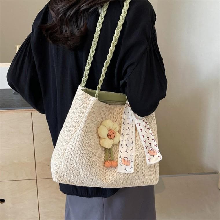 여성 귀여운 왕골 플라워 포인트 숄더백