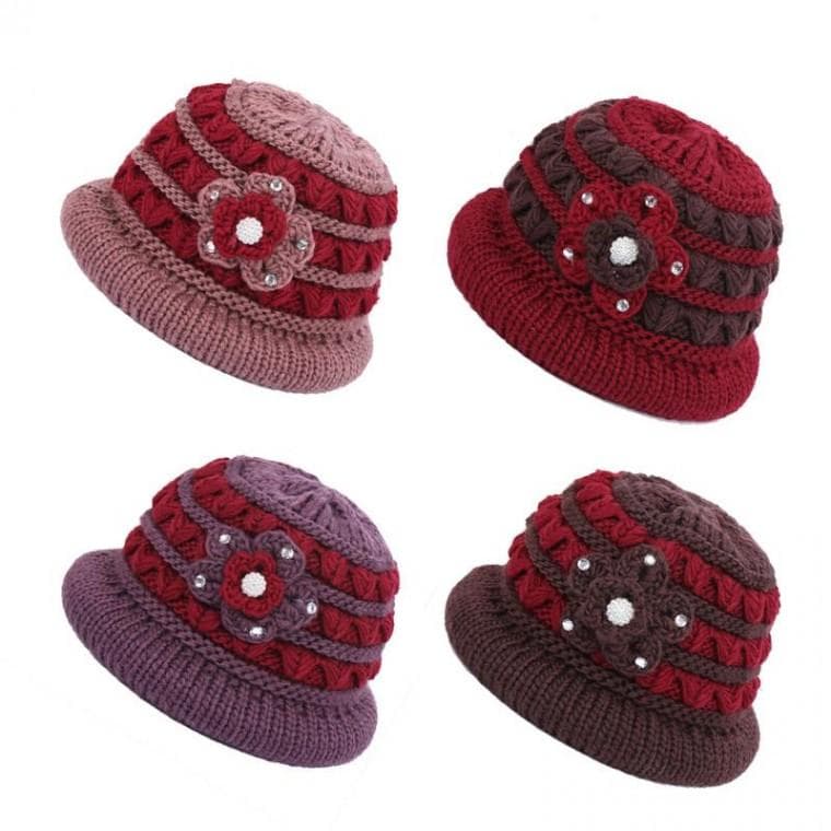 꽃장식 도톰 중장년 니트벙거지 ELM221 방울 패션잡화 벙거지 여자 털 골프 귀달이 방울 등산 캡 여성겨울