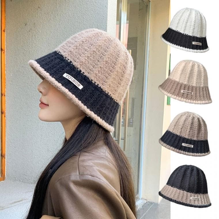 포인트 배색 니트 패치 도톰 촘촘 짜임 4컬러 벙거지