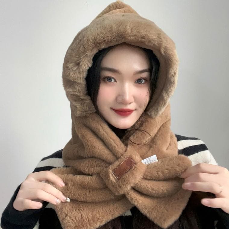 소프트퍼 방한 후드모자 머플러 목도리 (브라운)
