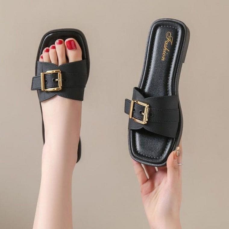 여성 사무실 간편 외출 플랫 버클 포인트 코디 슬리퍼