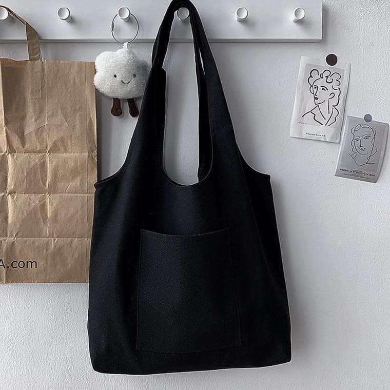 포켓 캔버스 에코백 캐주얼 숄더백 (블랙)