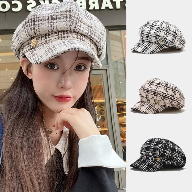 예쁜 여성 스타일 외출 패션 모자 체크 패턴 귀여운 뉴스보이캡